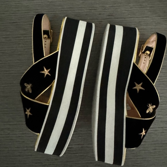 Gucci Bee Embroidered Criss Cross Platform Sandals Black Size 37 1/2 - Picture 8 of 14